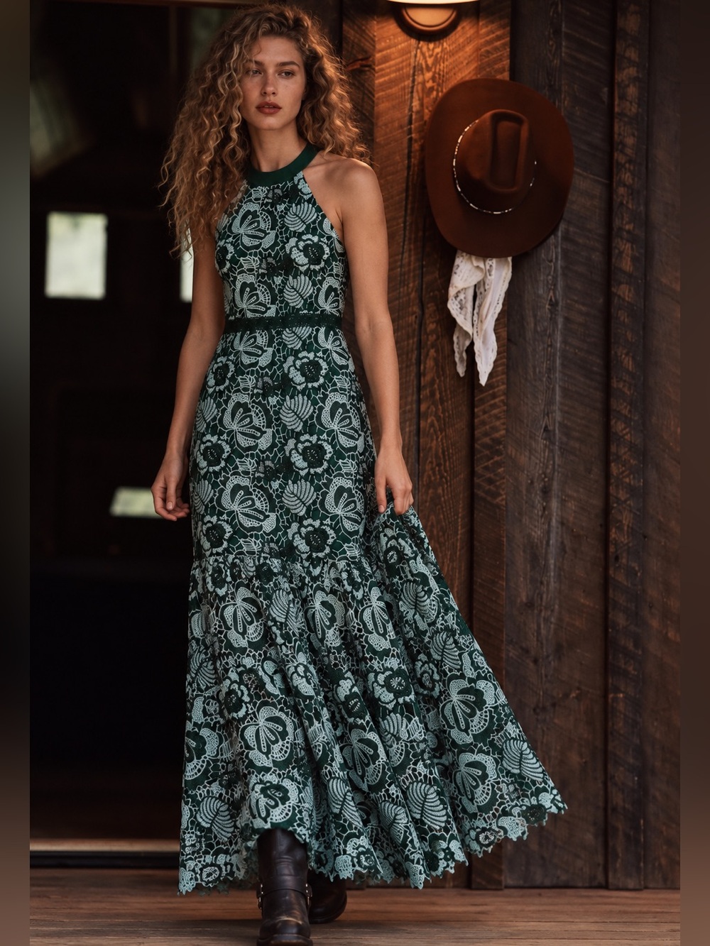 NWT Just Me Green Floral Embroidered Lace Halter Dress S